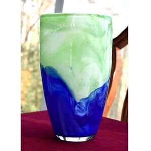 Hand Blown Art Glass Vase 10.5" Cobalt Blue Green Swirl Murano Style Heavy